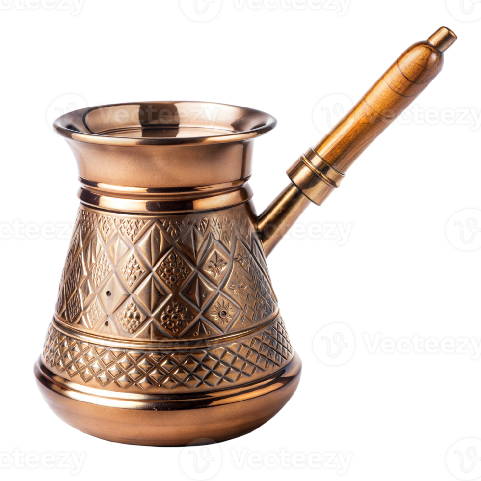 Traditional copper Turkish coffee pot with ornate designs png