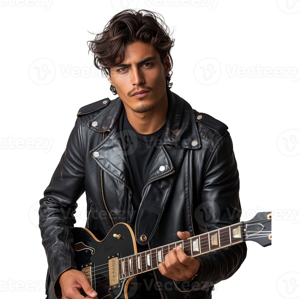 Handsome young guitarist playing electric guitar in leather jacket png