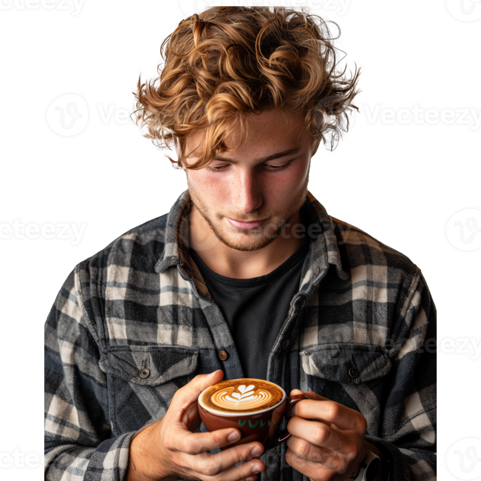 Young man enjoying a latte with detailed foam art png