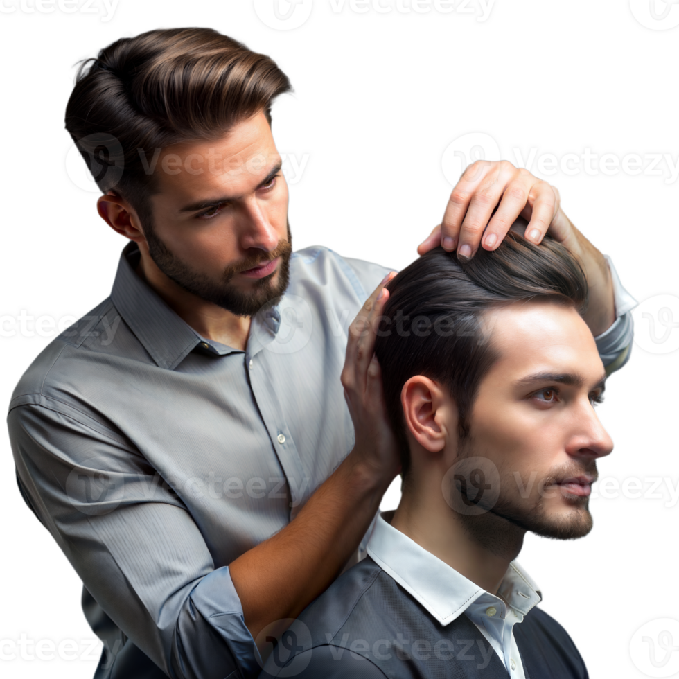 Professional barber styling young man's hair in studio png