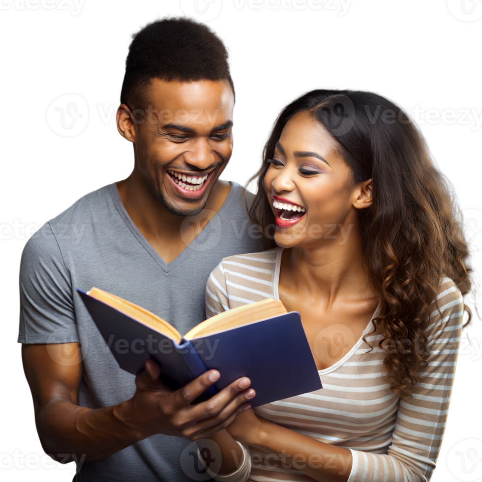Young couple laughing together while reading a book png