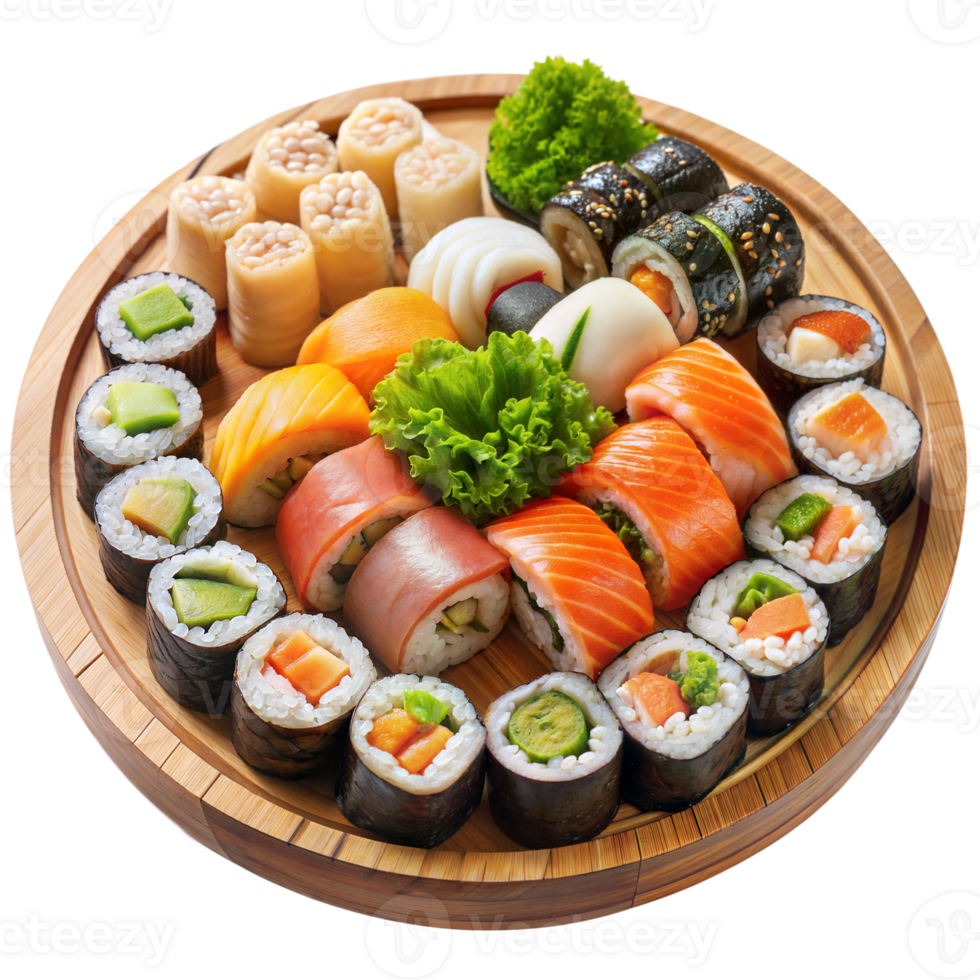 Delicious sushi platter on a round bamboo tray png