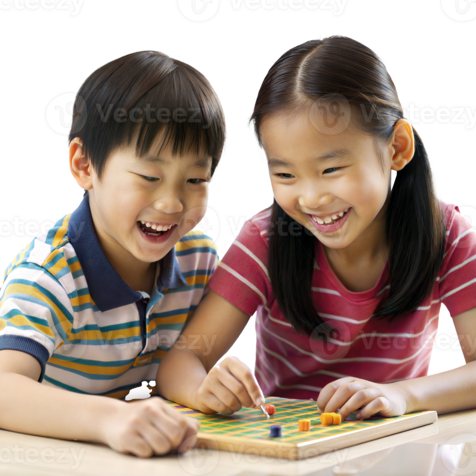Two children playing a board game with joyful expressions png