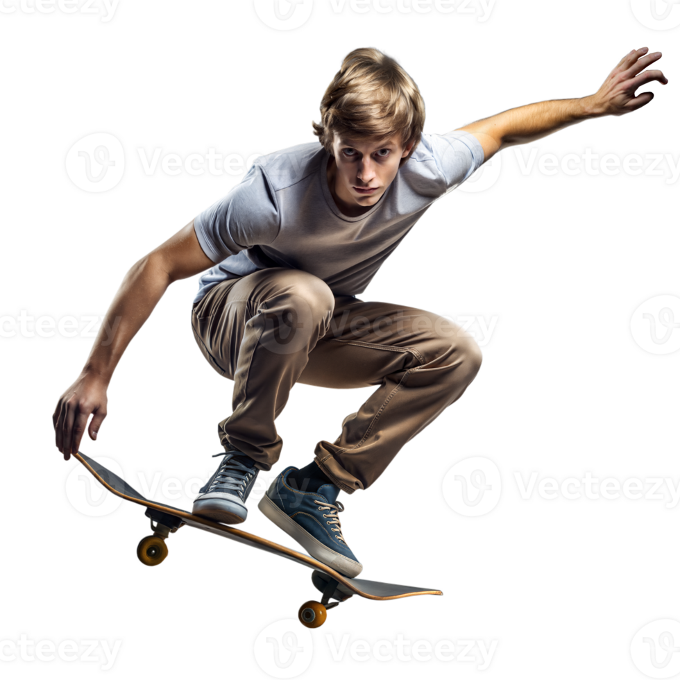 jung Skateboardfahrer durchführen ein Trick auf ein transparent Hintergrund png