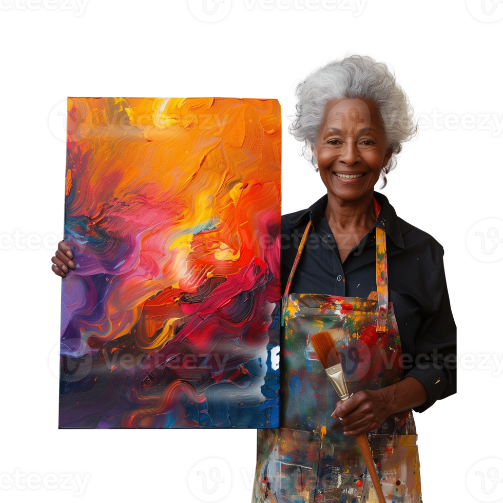 Senior artist holding vibrant abstract painting with joy png