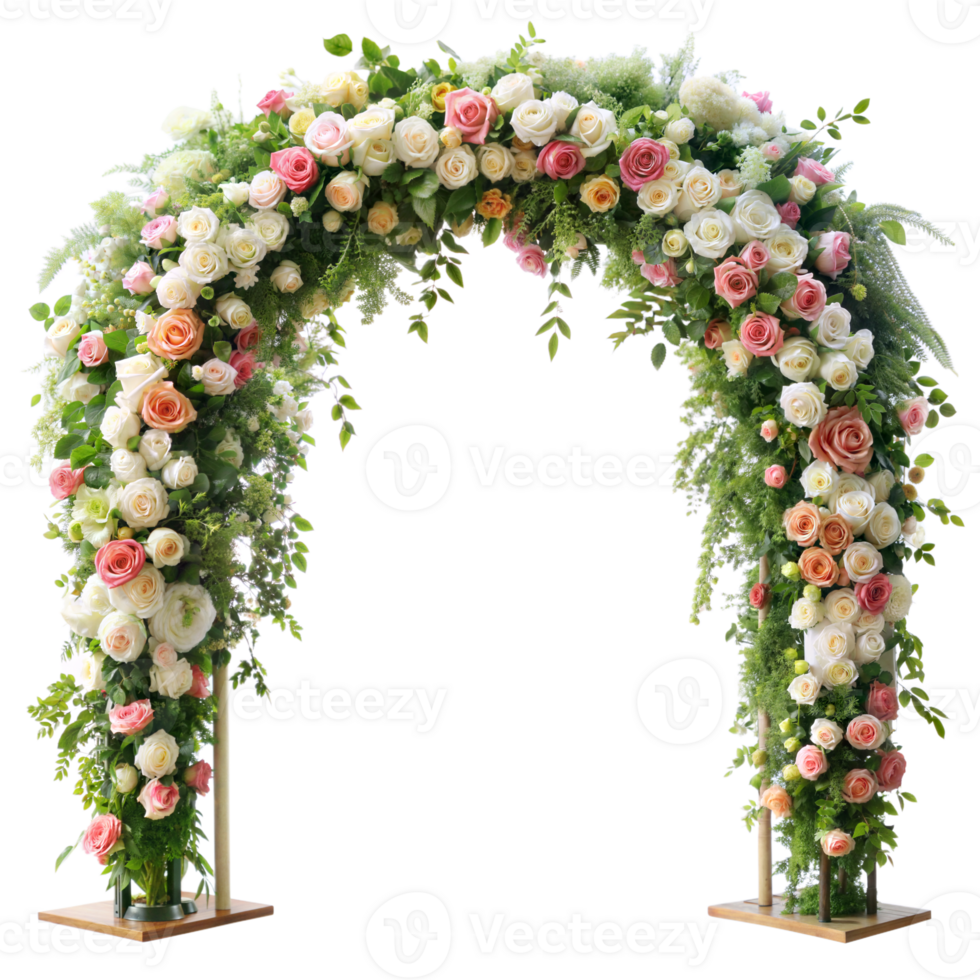 Elegant floral arch adorned with lush roses for wedding png