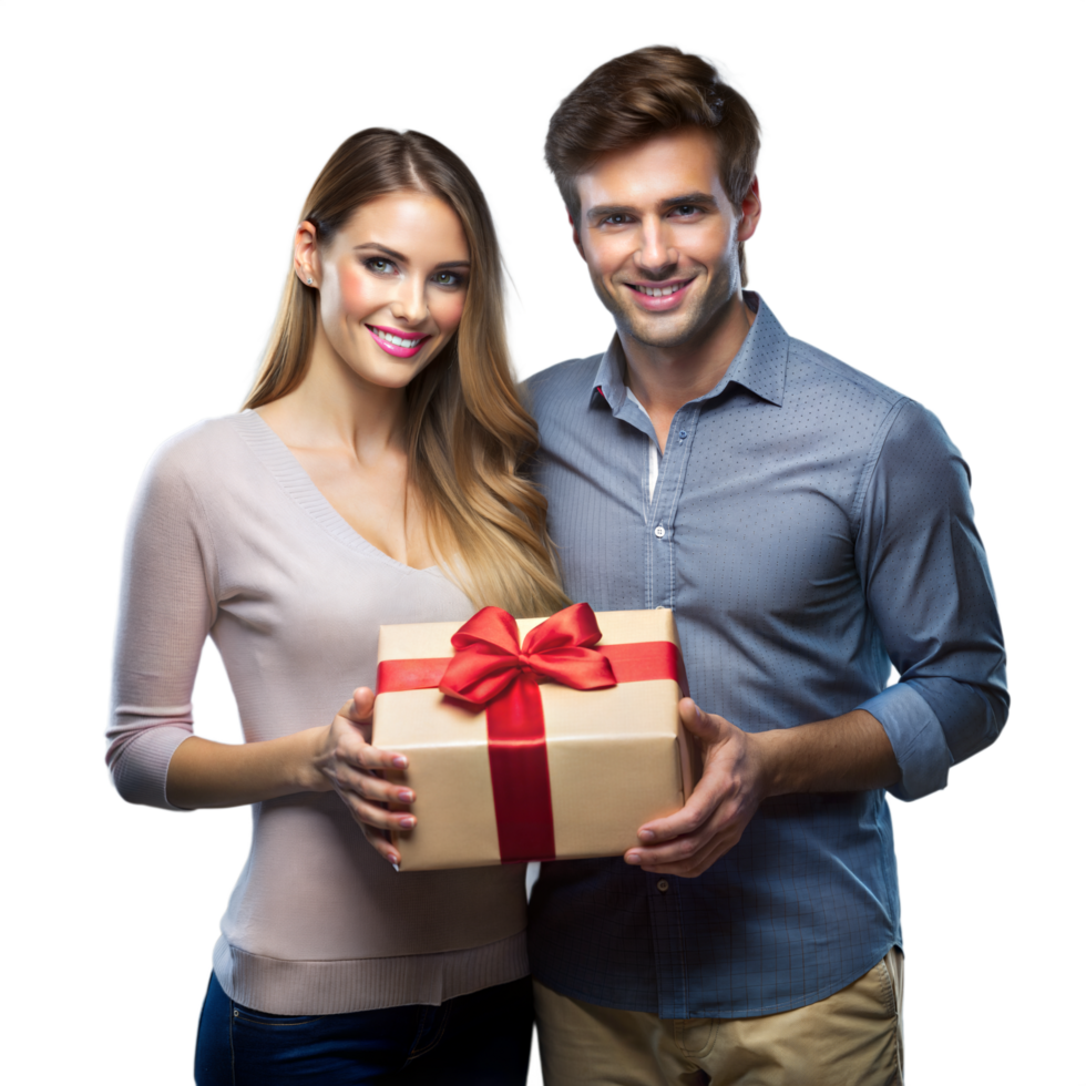 Happy couple giving a gift box with red ribbon png