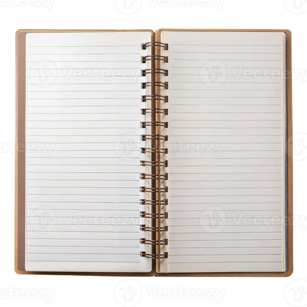 Open spiral notebook with lined pages on a transparent background png