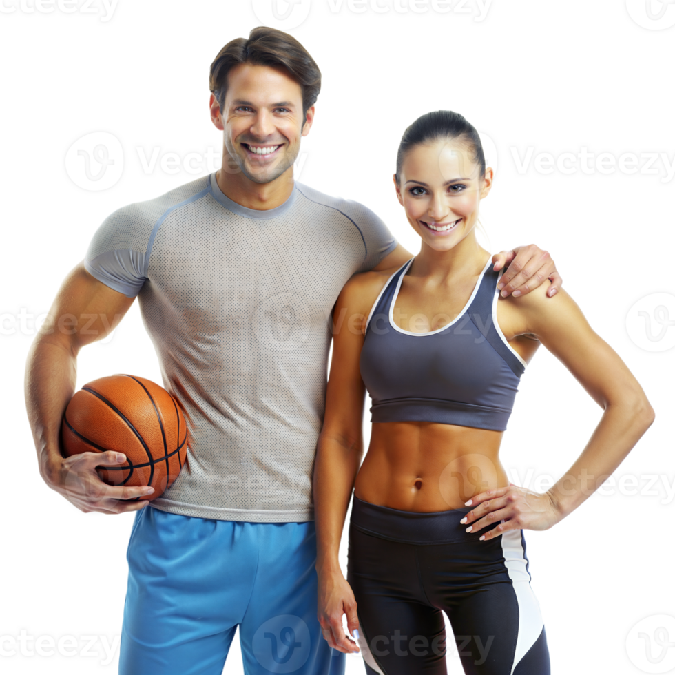 Athletic couple posing with a basketball on a studio set png