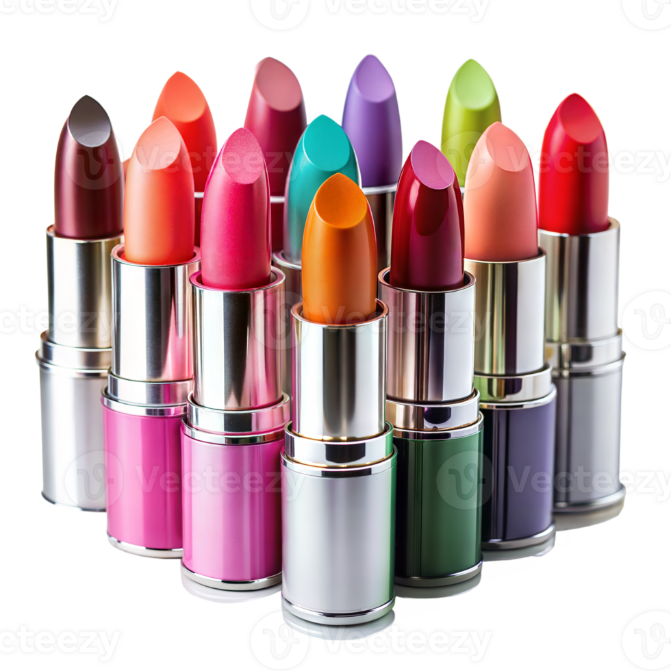 Colorful lipstick collection on a reflective surface png