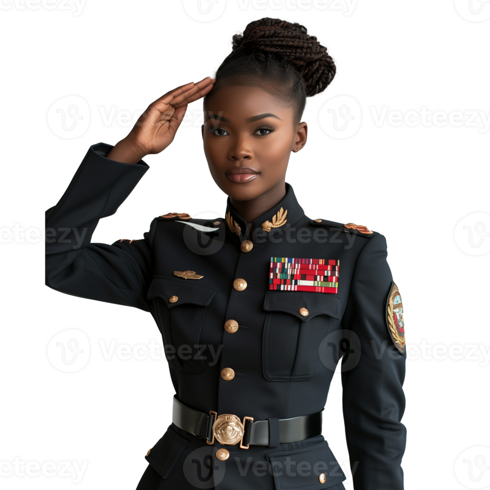 Confident female officer saluting in uniform on a plain background png