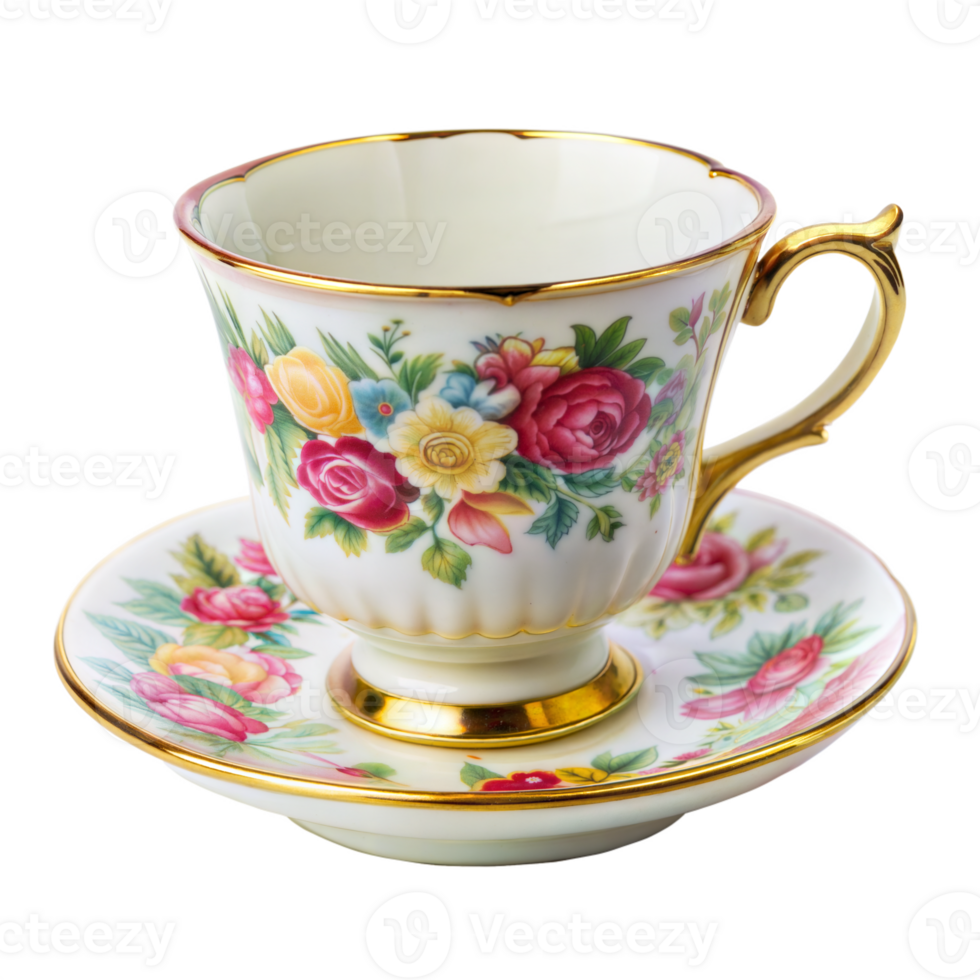 élégant floral thé tasse et soucoupe avec or réduire sur isolé Contexte png