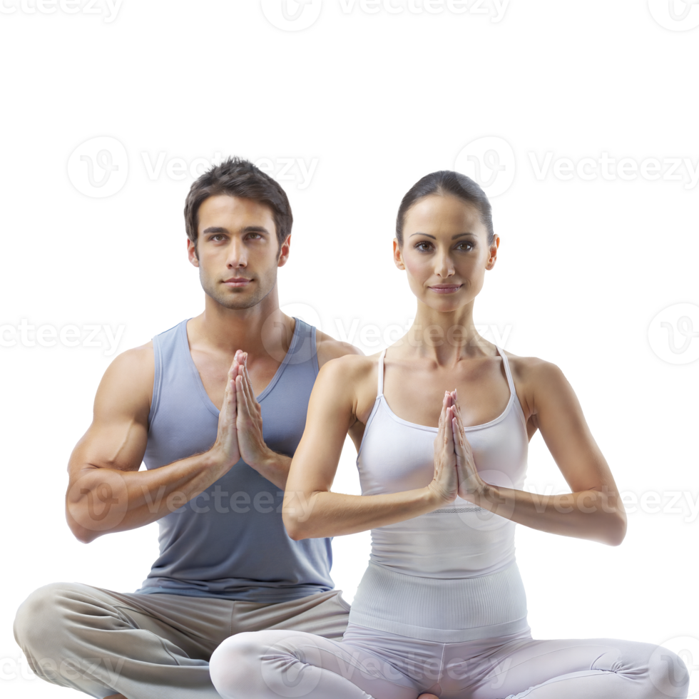 fit paar beoefenen yoga poses samen in een studio png