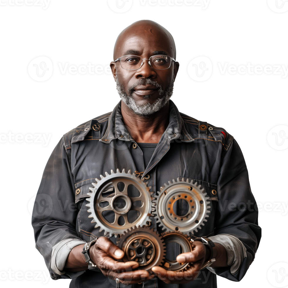 Experienced mechanic presenting assorted engineering gears png