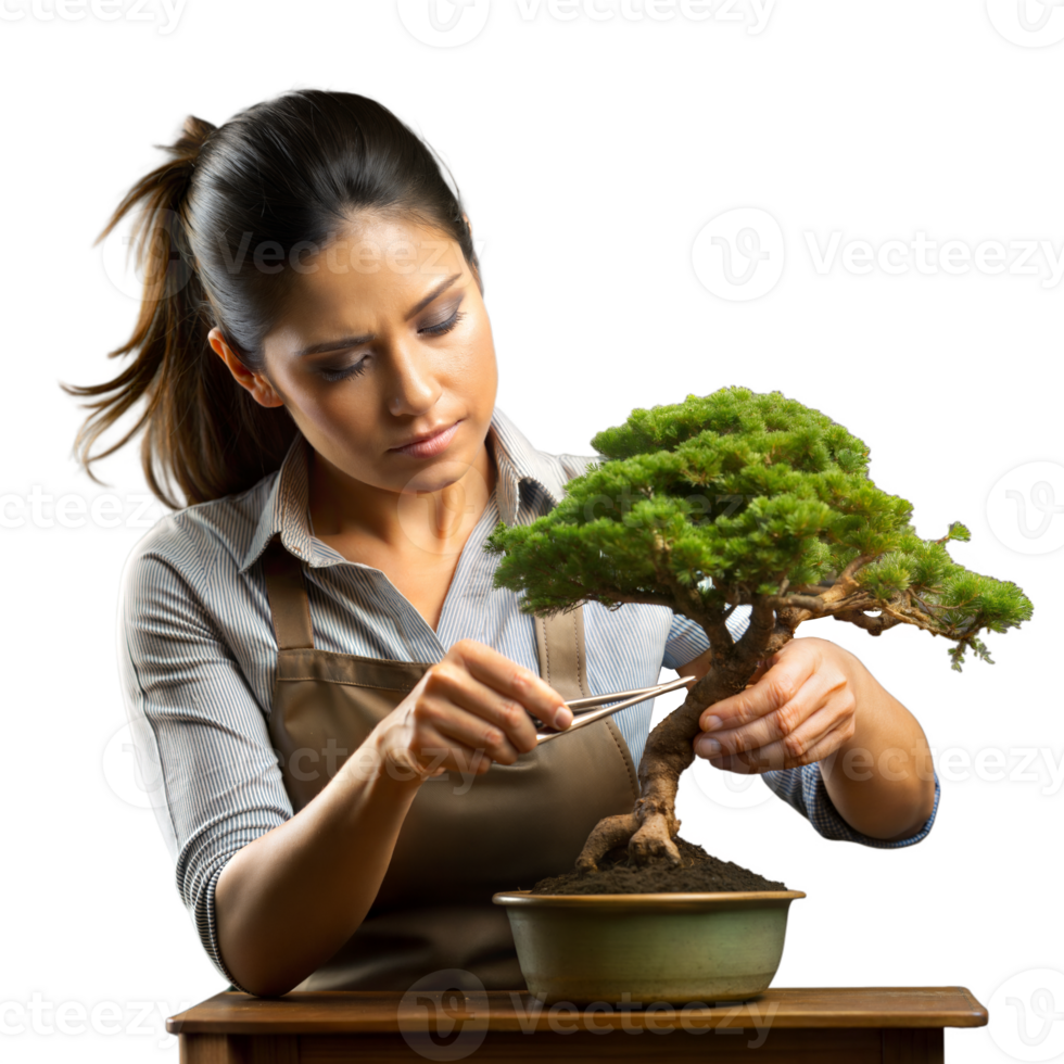 Woman meticulously trims a bonsai tree in a workshop png
