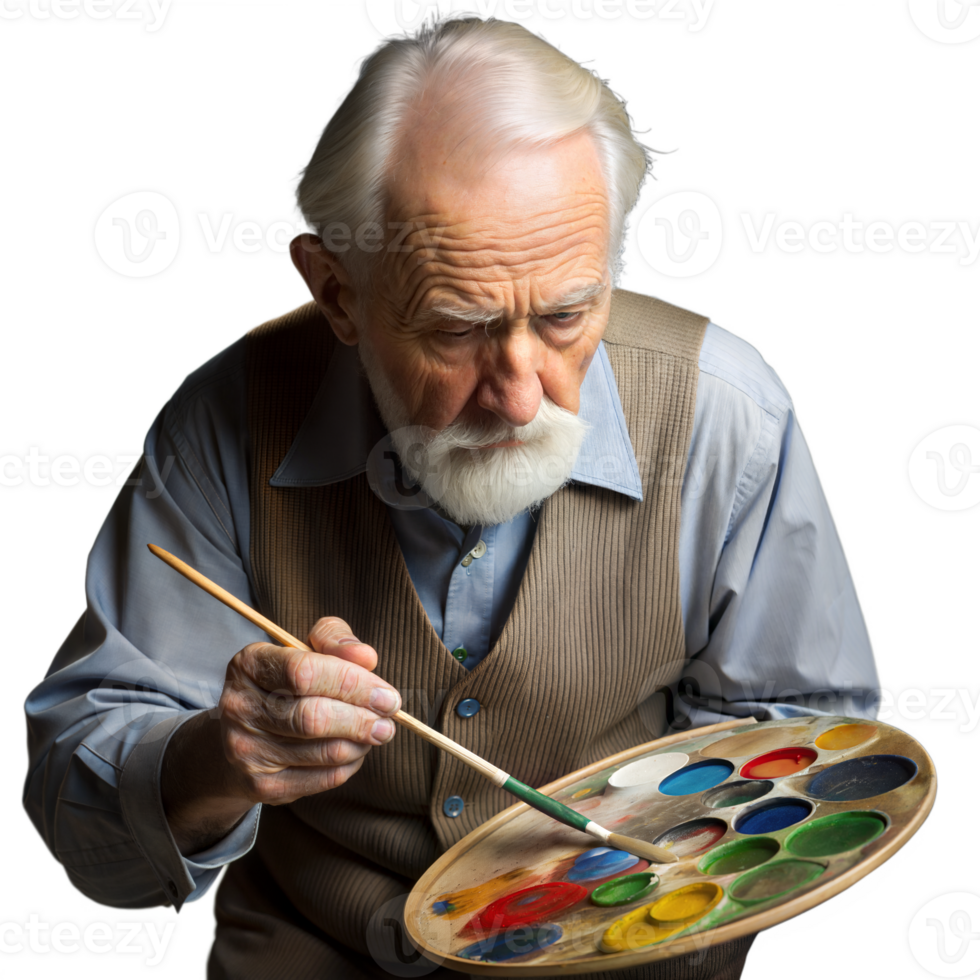 Elderly artist intently paints with watercolors, focused expression png