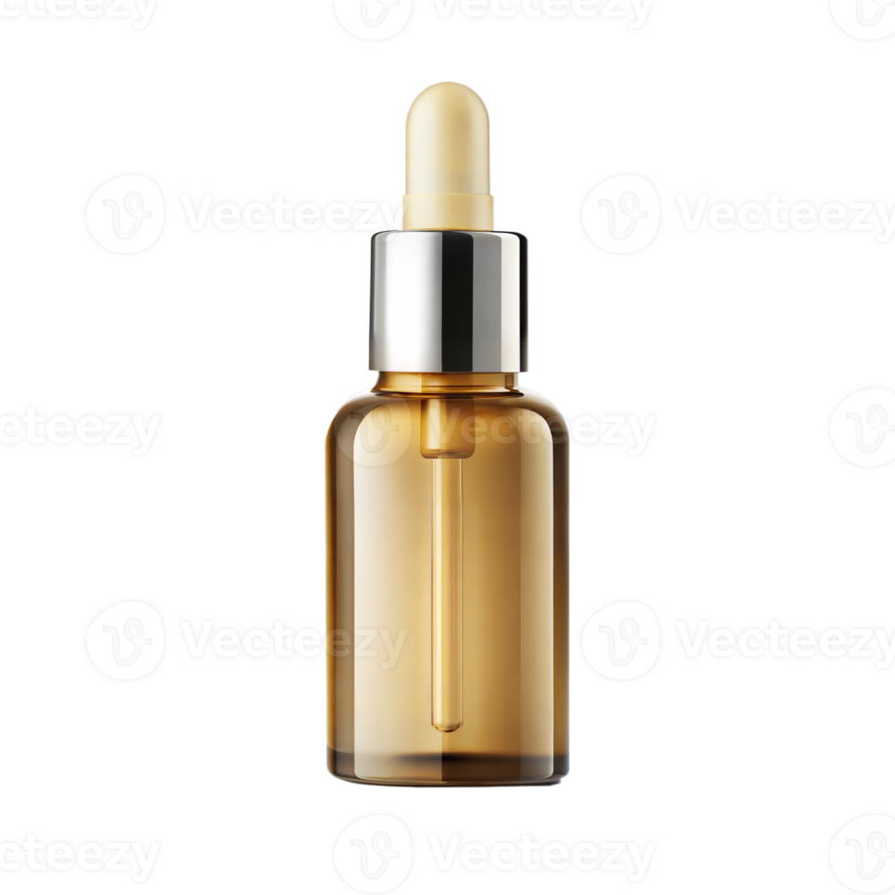 Elegant glass serum bottle with golden dropper isolated png