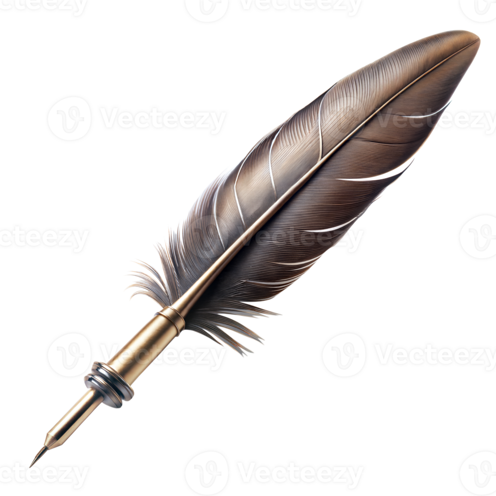 Black feather resting on top of a pen against a plain transparent background png