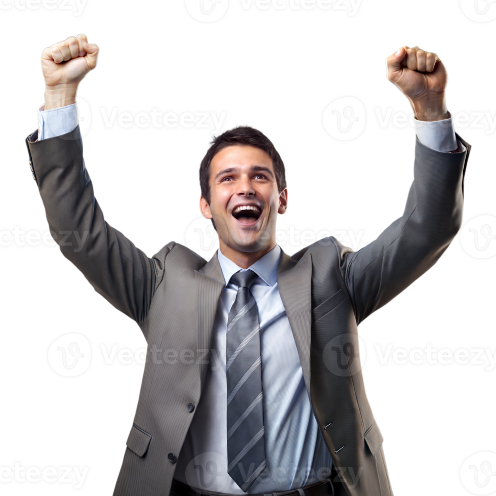 Joyful businessman celebrating success with arms raised png