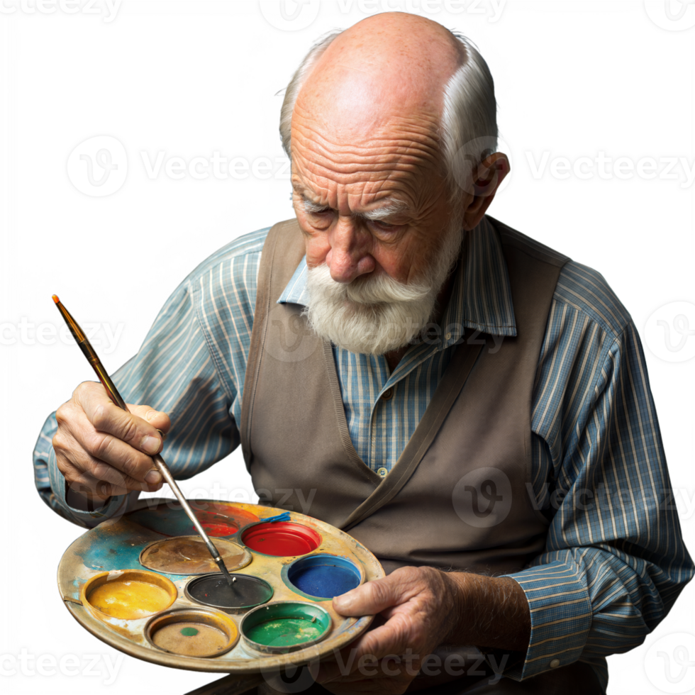 Senior artist intently mixing paints on his palette png