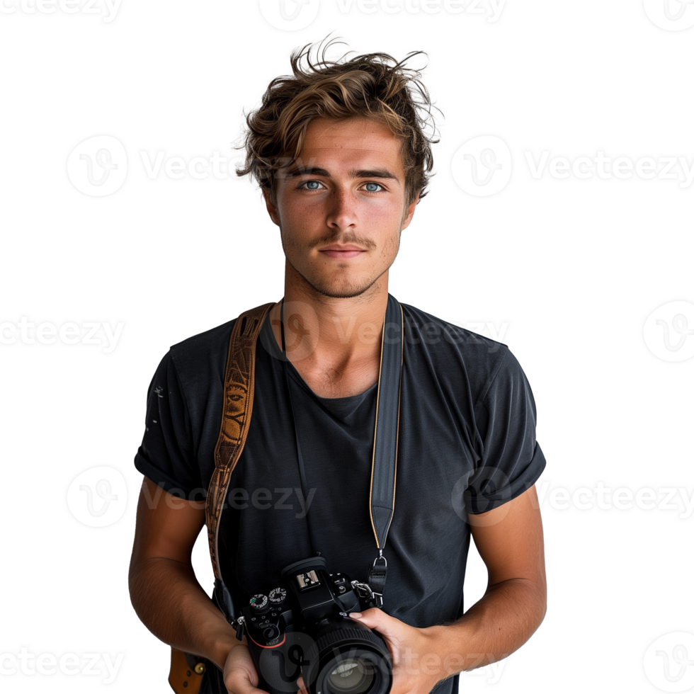 Young male photographer with camera on transparent background png