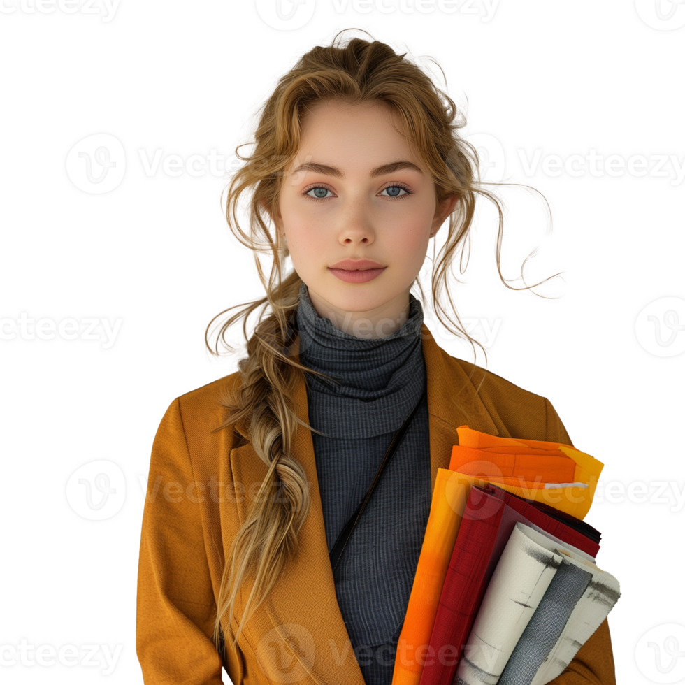 Young woman holding colorful scarves with a serene expression png