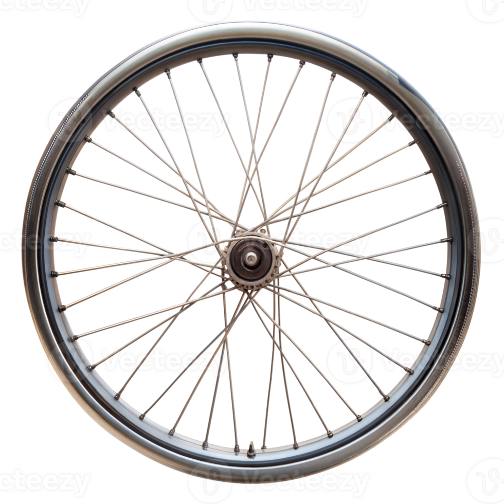 Close-up of a single bicycle wheel with visible spokes, set against a clean transparent background png