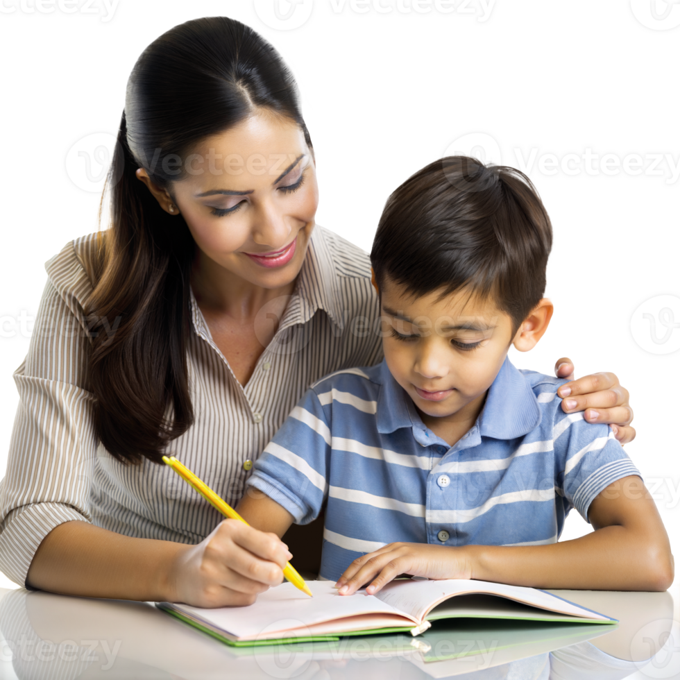 Mother helping son with homework on transparent background png