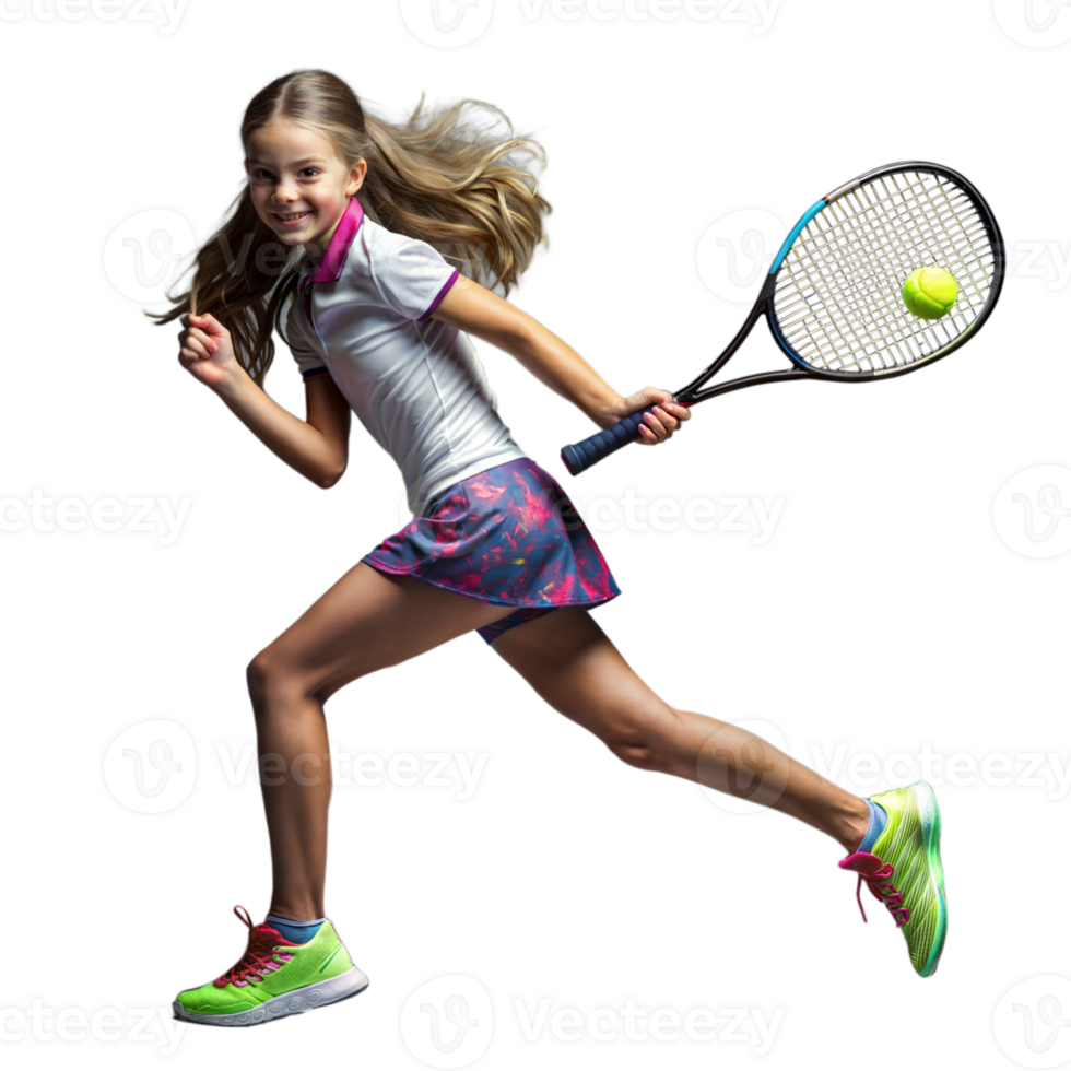 Jeune fille en jouant tennis dans action sur une transparent Contexte png