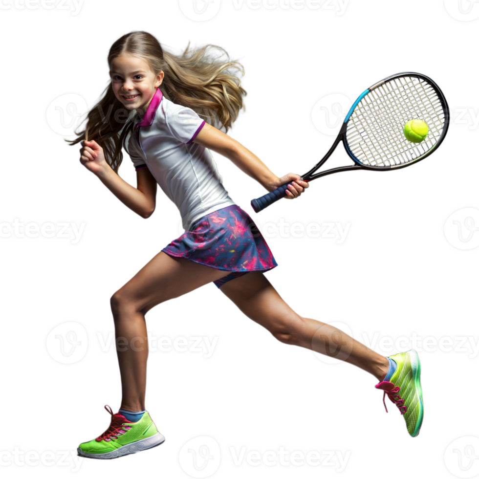 Young girl playing tennis in action on a transparent background png