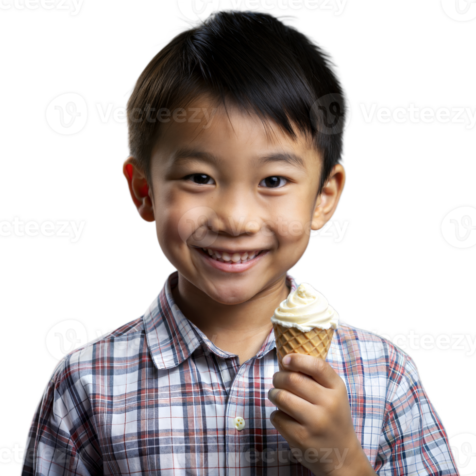 Happy young boy enjoying a vanilla ice cream cone png