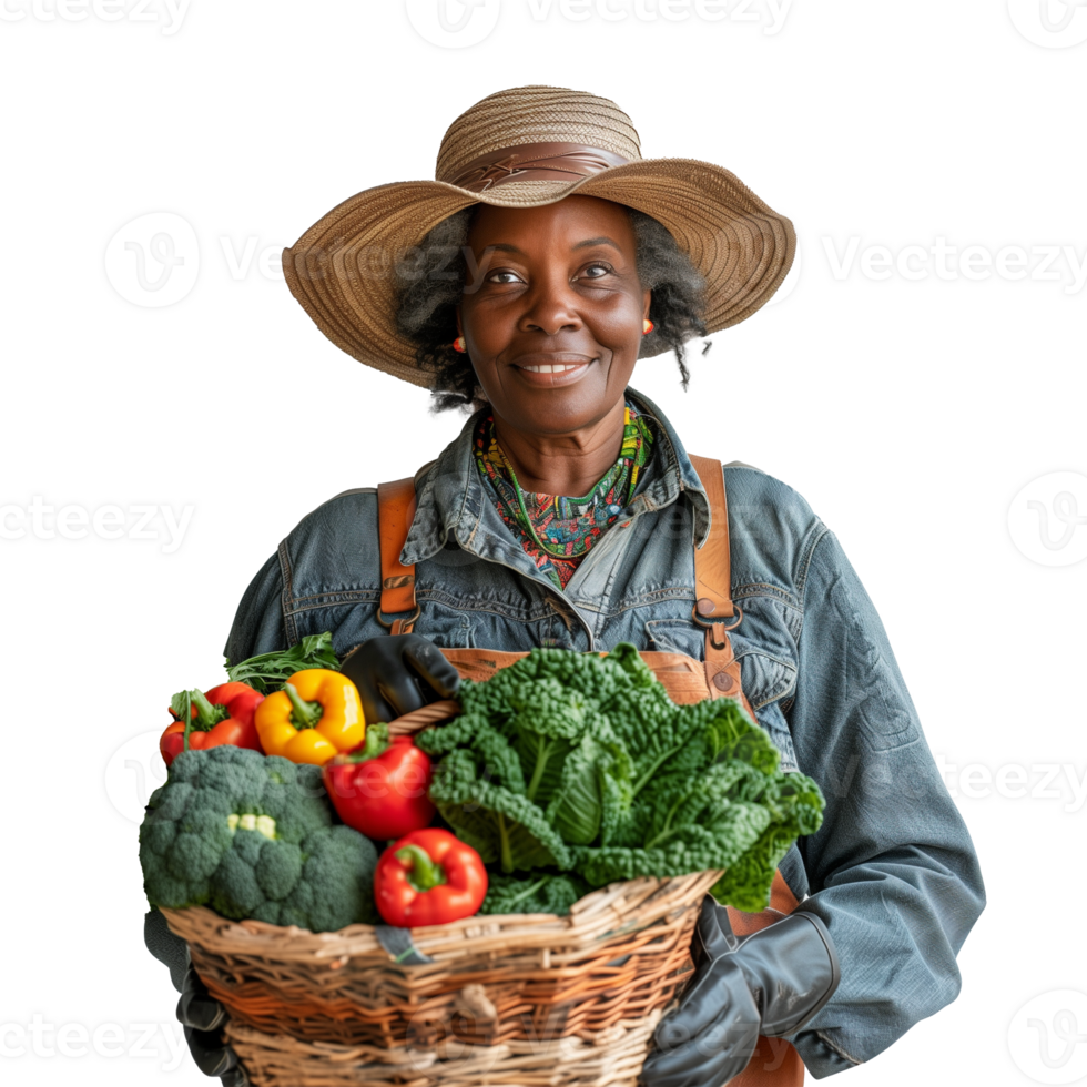 Smiling woman in hat holding basket of fresh vegetables png