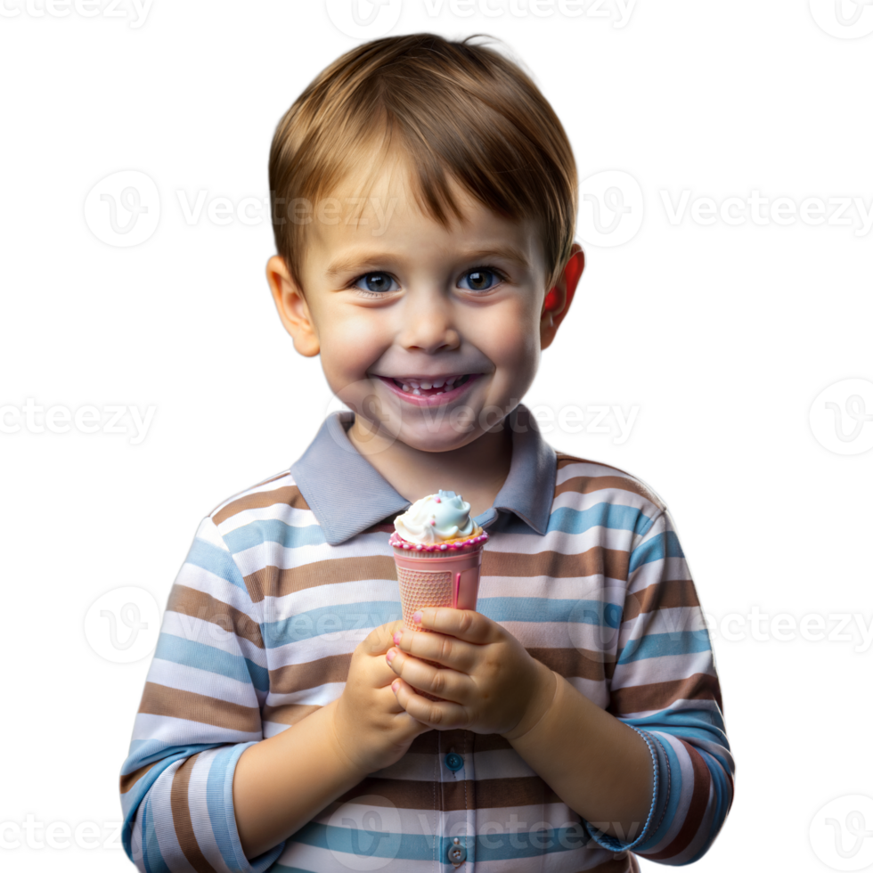 Happy young boy holding an ice cream cone smiling joyfully png