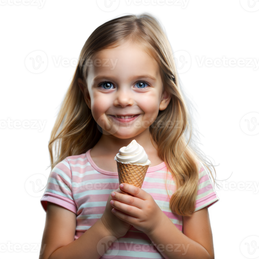 Smiling young girl holding an ice cream cone on transparent background png