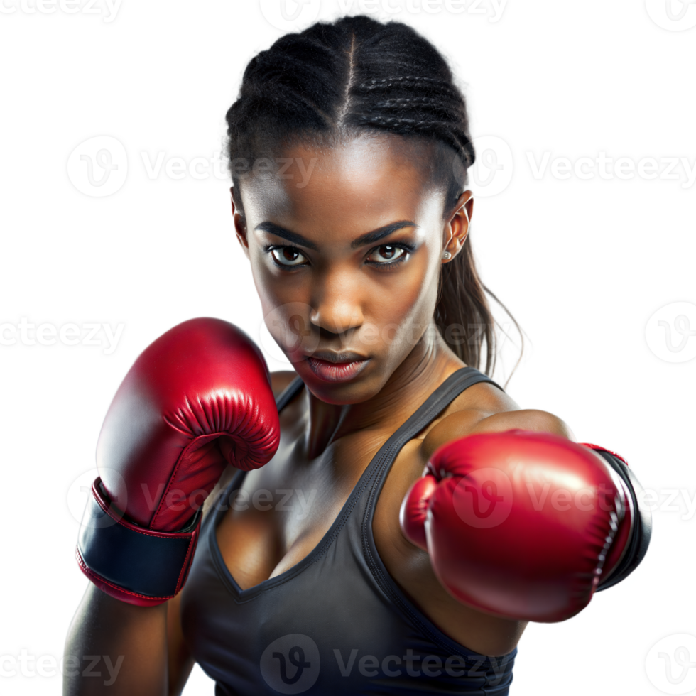 Confident female boxer ready to fight on a transparent background png