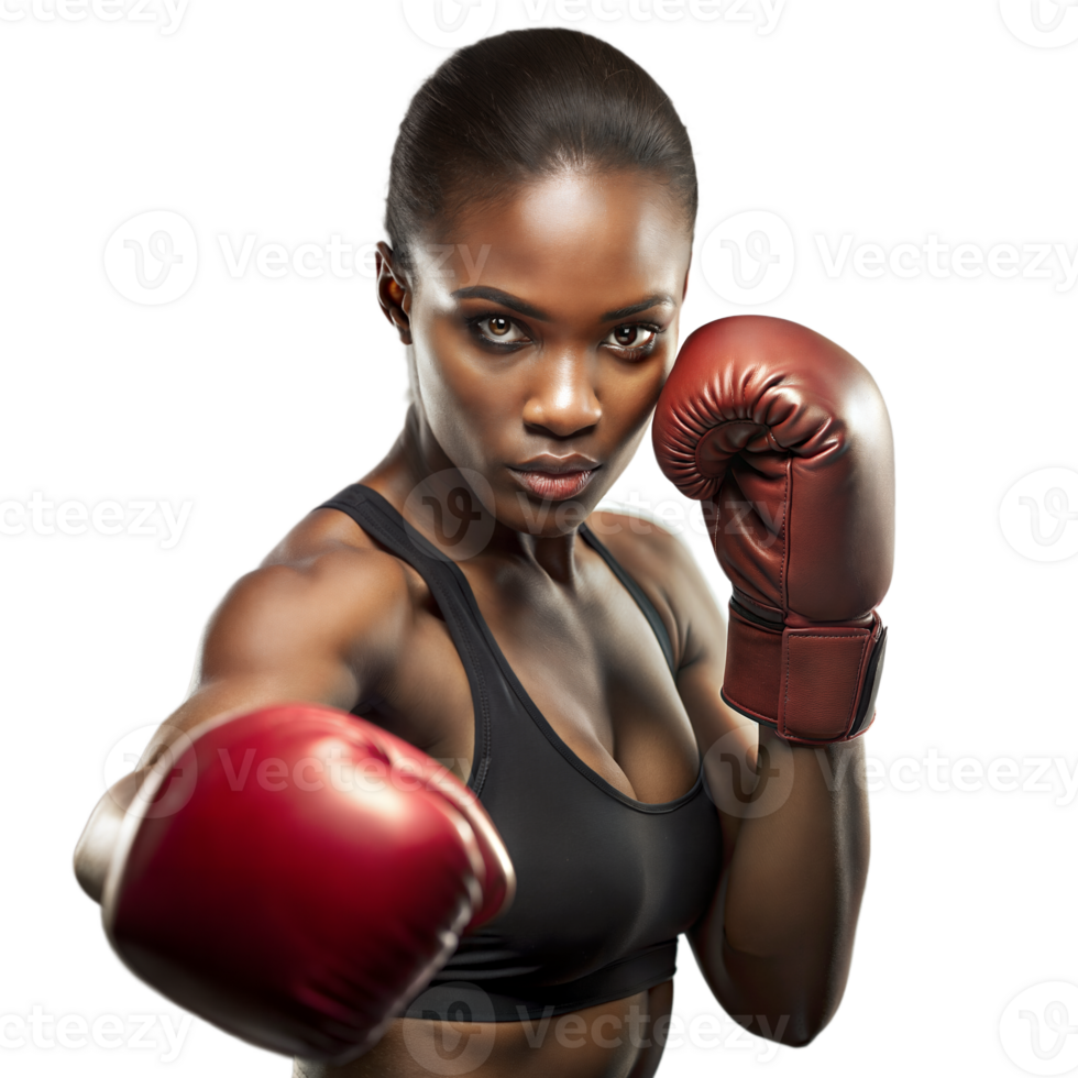 Confident female boxer ready to strike with red gloves png