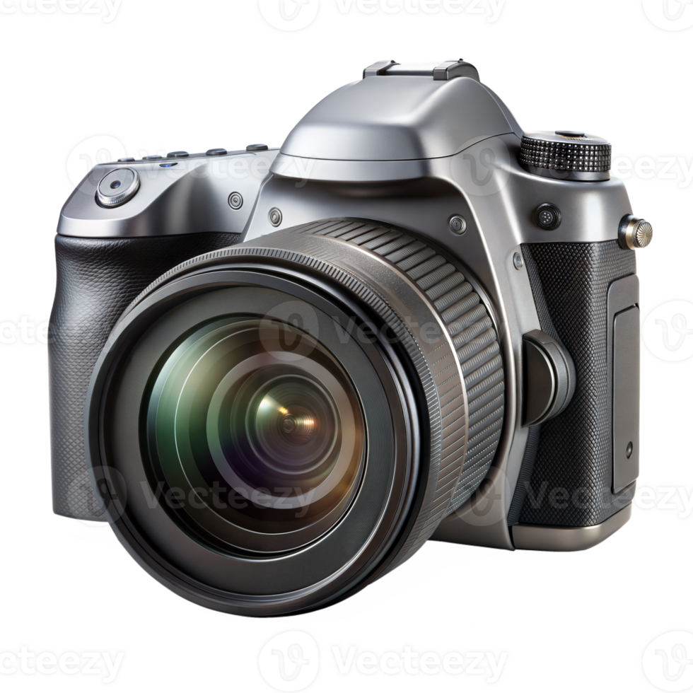 Professional digital camera with large lens on transparent background png