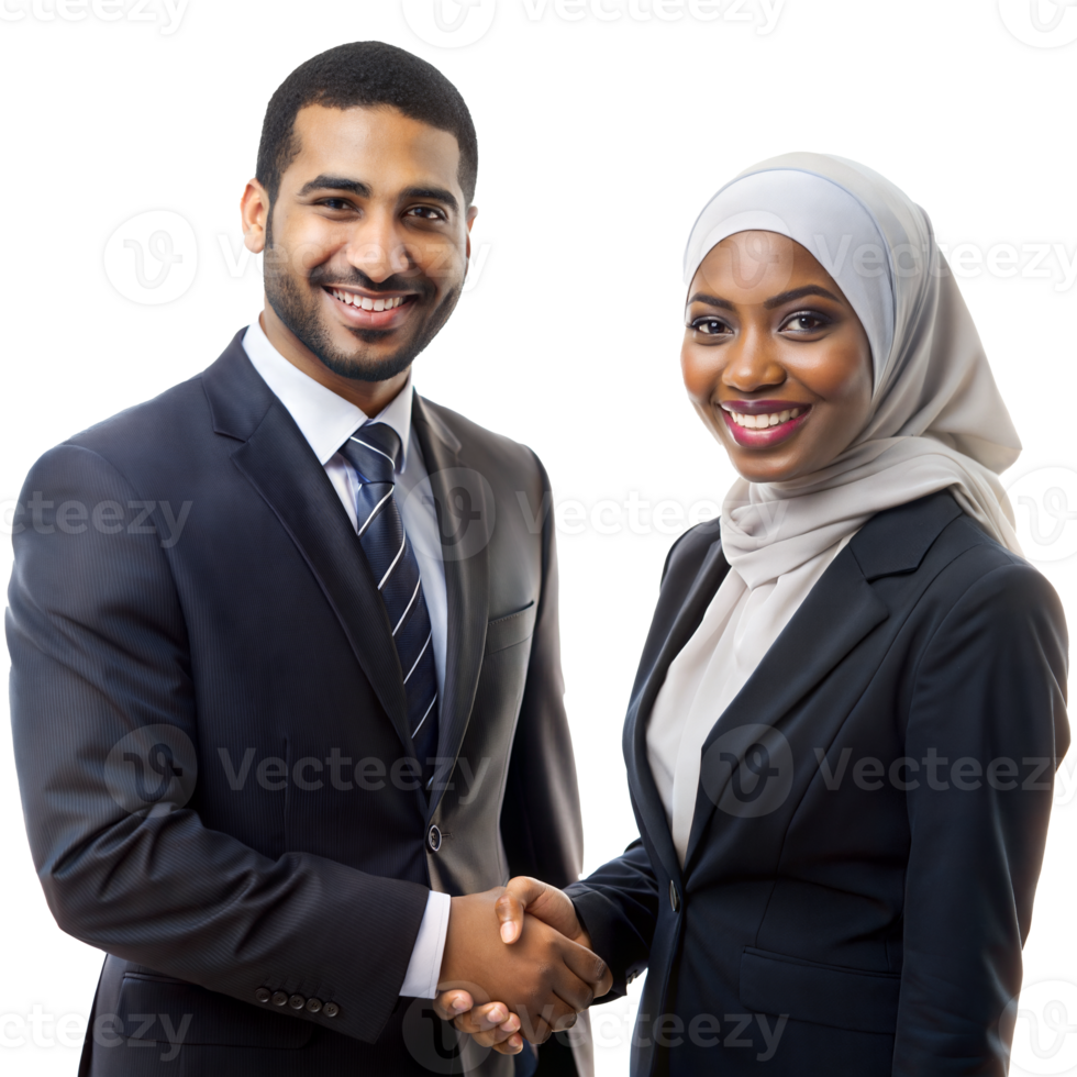 Professional man and woman in a friendly handshake png