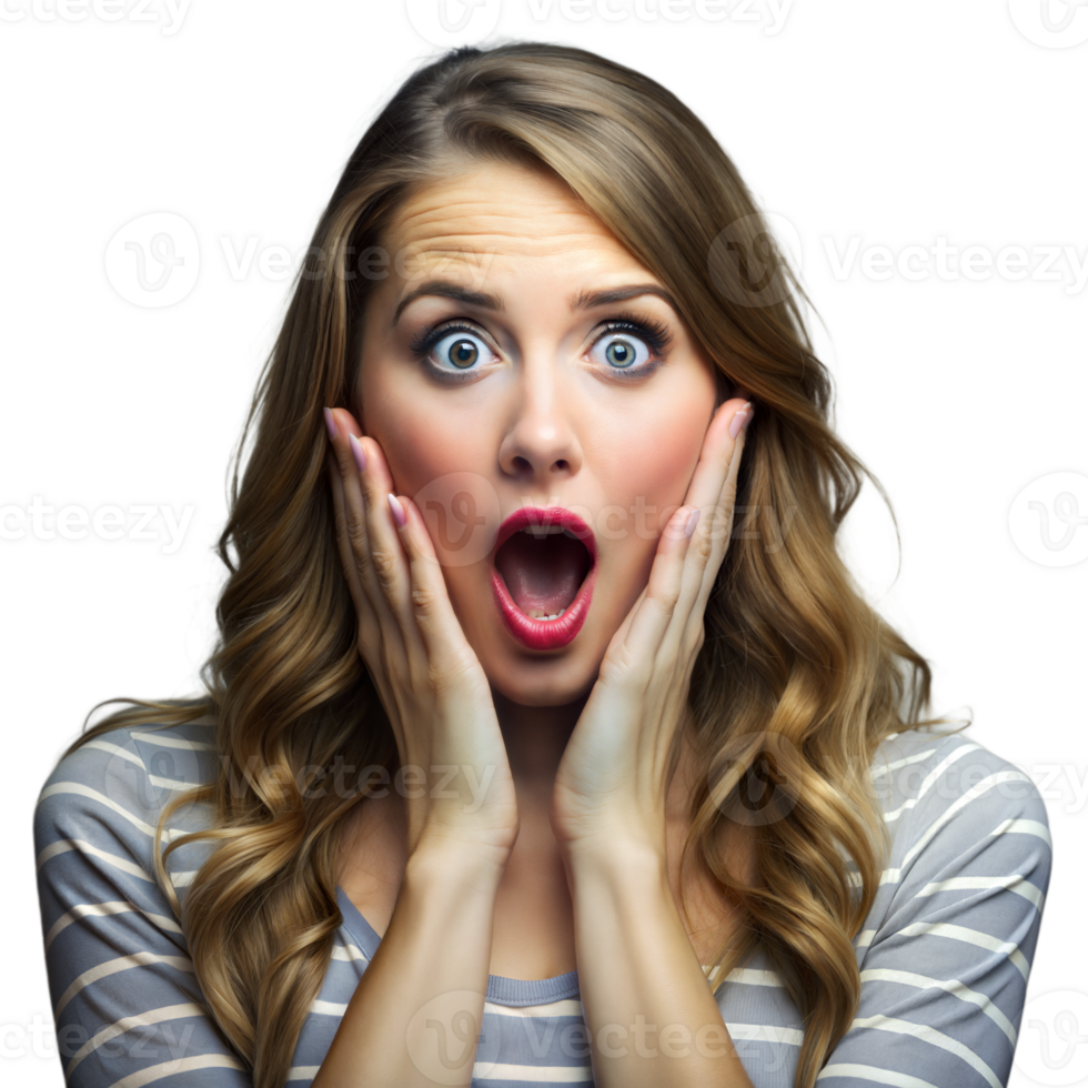 Young woman expressing shock and surprise on clear background png