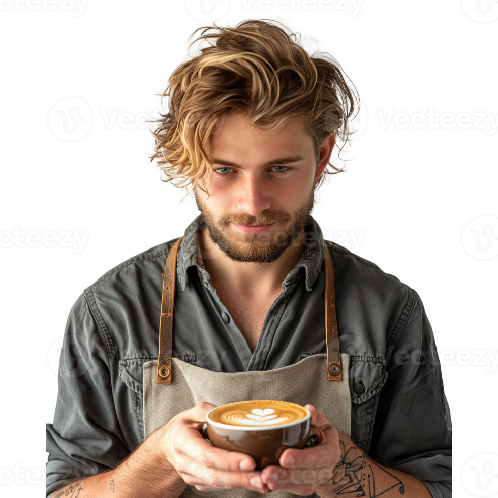 Handsome barista offering coffee with latte art png