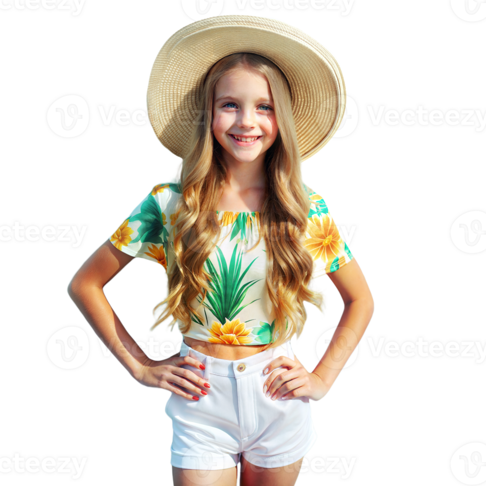 sonriente joven niña vistiendo verano sombrero y floral parte superior png