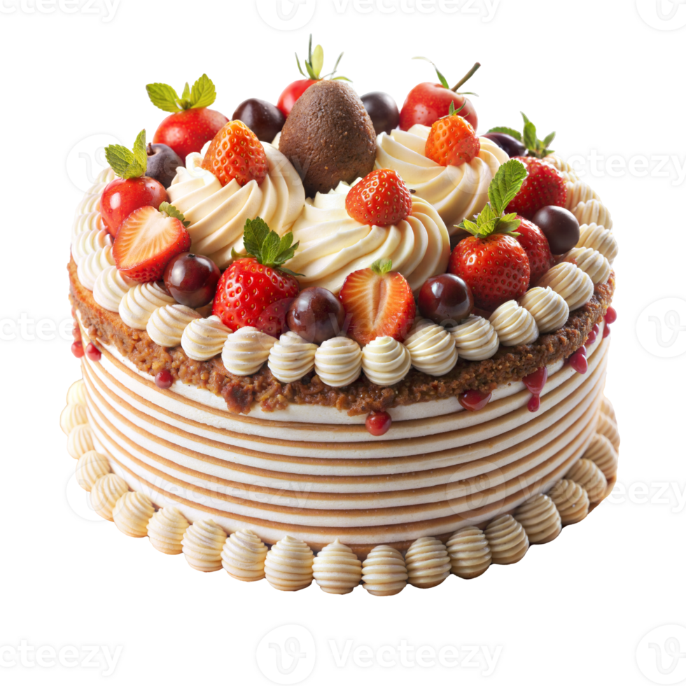 A sweet dessert featuring a cake topped with fresh strawberries, juicy cherries, and drizzled with rich chocolate sauce png