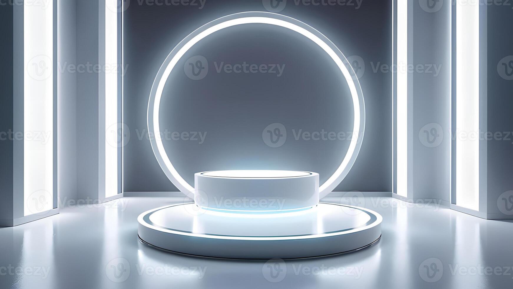 Abstract shine silver cylinder pedestal podium. Sci-fi white empty room concept with semi circle glowing neon lighting. rendering 3d shape, Product display presentation. Futuristic wall scene. photo