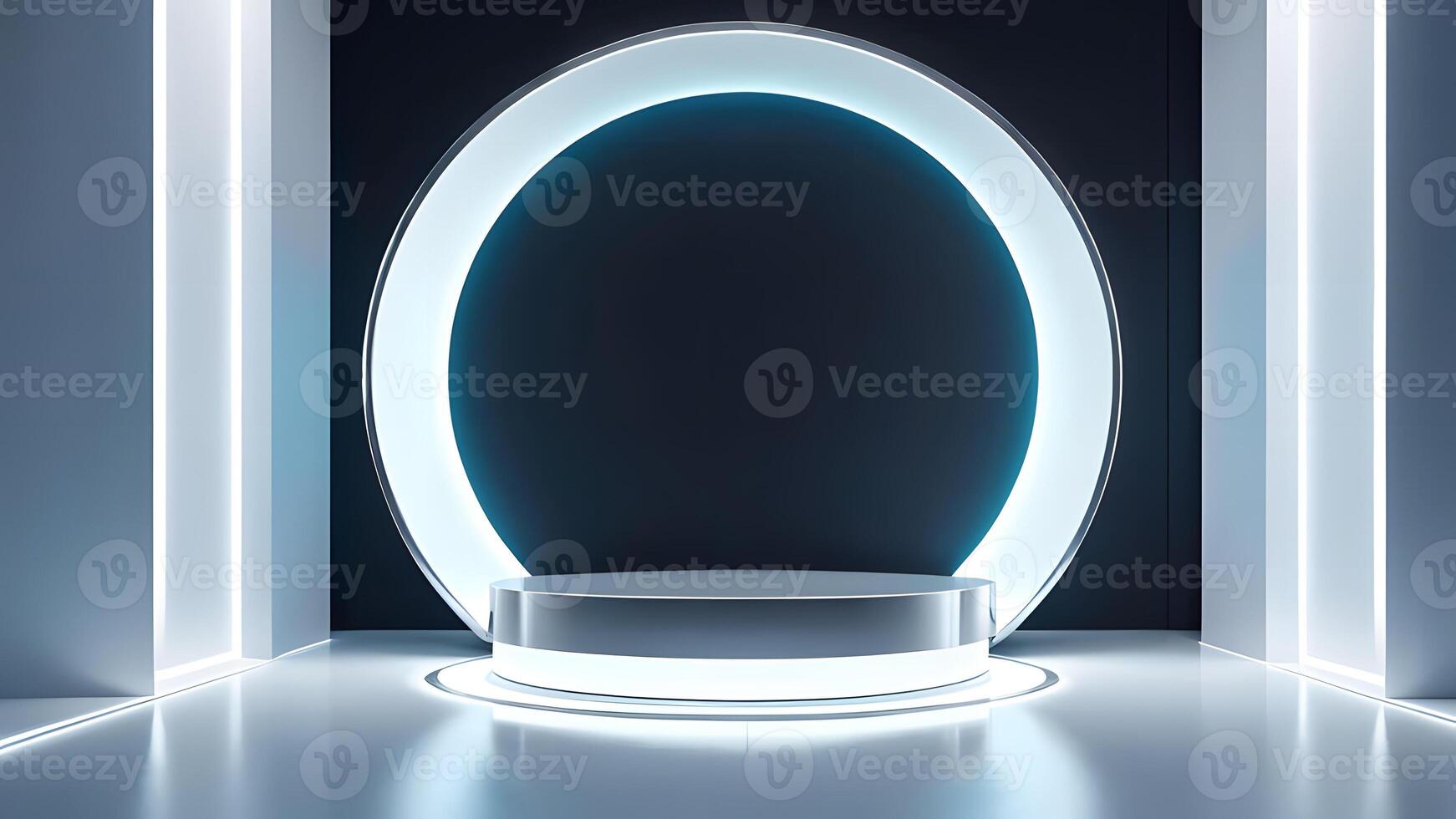 Abstract shine silver cylinder pedestal podium. Sci-fi white empty room concept with semi circle glowing neon lighting. rendering 3d shape, Product display presentation. Futuristic wall scene. photo