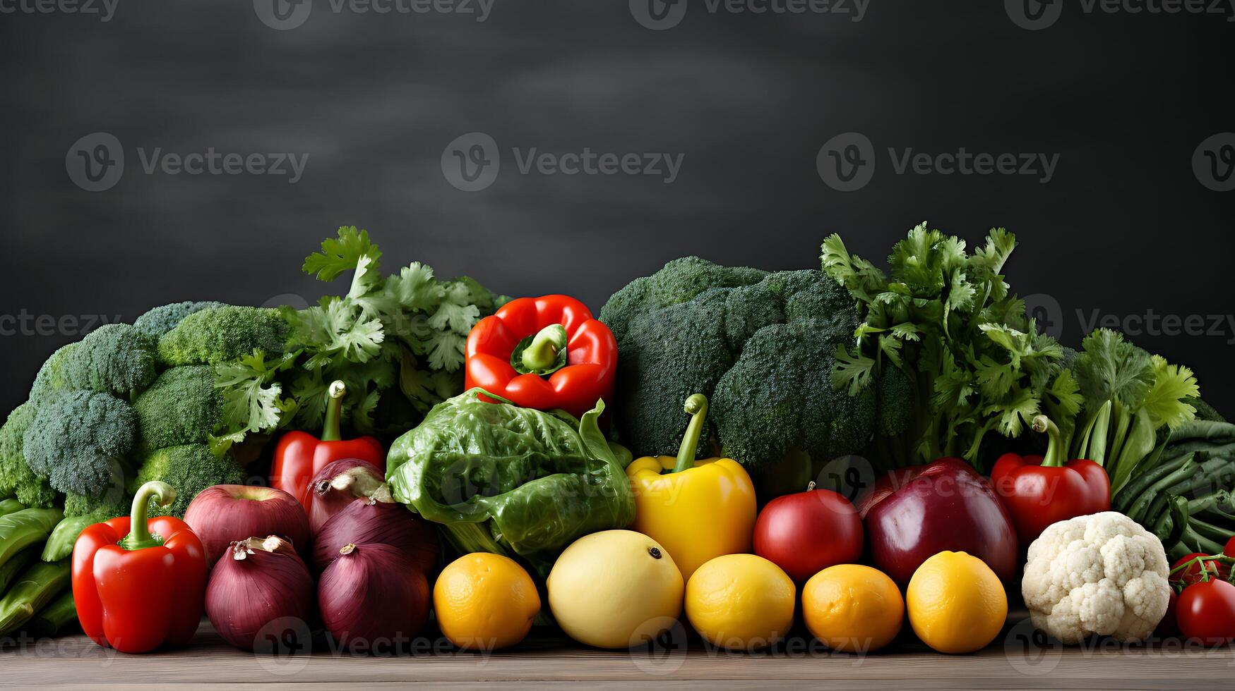 Raw vegetables and fruits on a wooden background photo