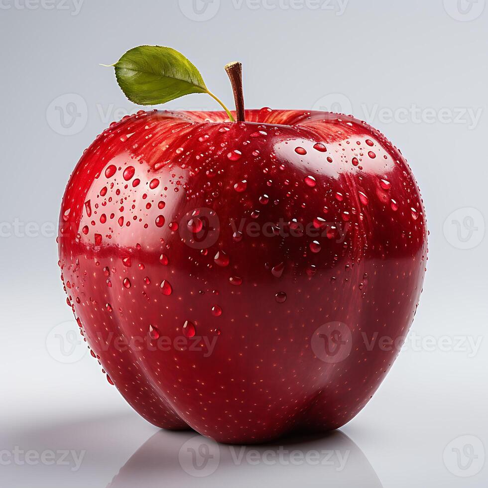 Red apple with leaf and water drops on white background photo