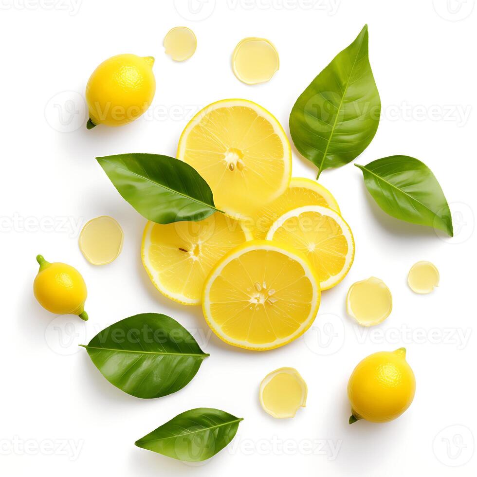 A set of sliced lemon isolated on white background. Top view photo