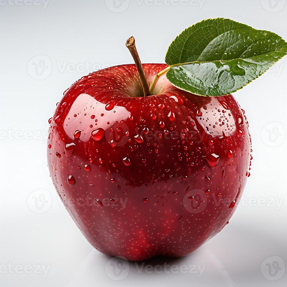 Red apple with leaf and water drops on white background photo