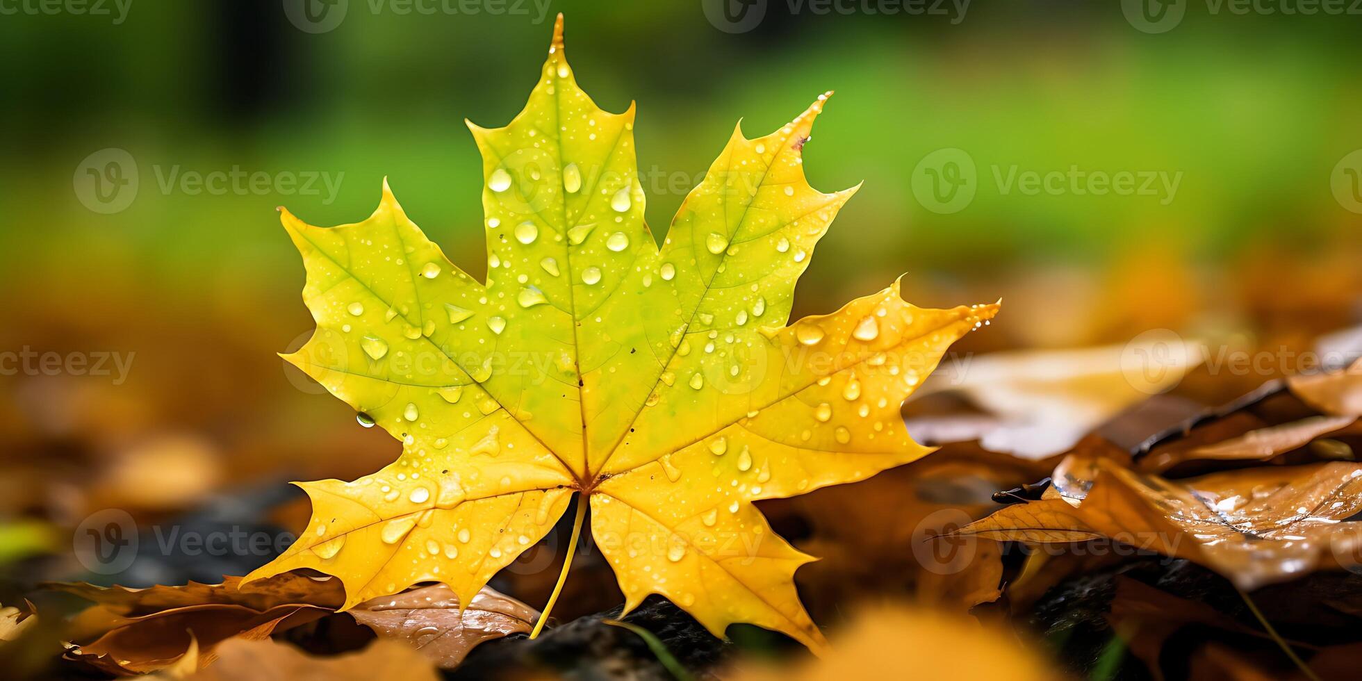 Autumn yellow maple leaf among green foliage background with water drops photo