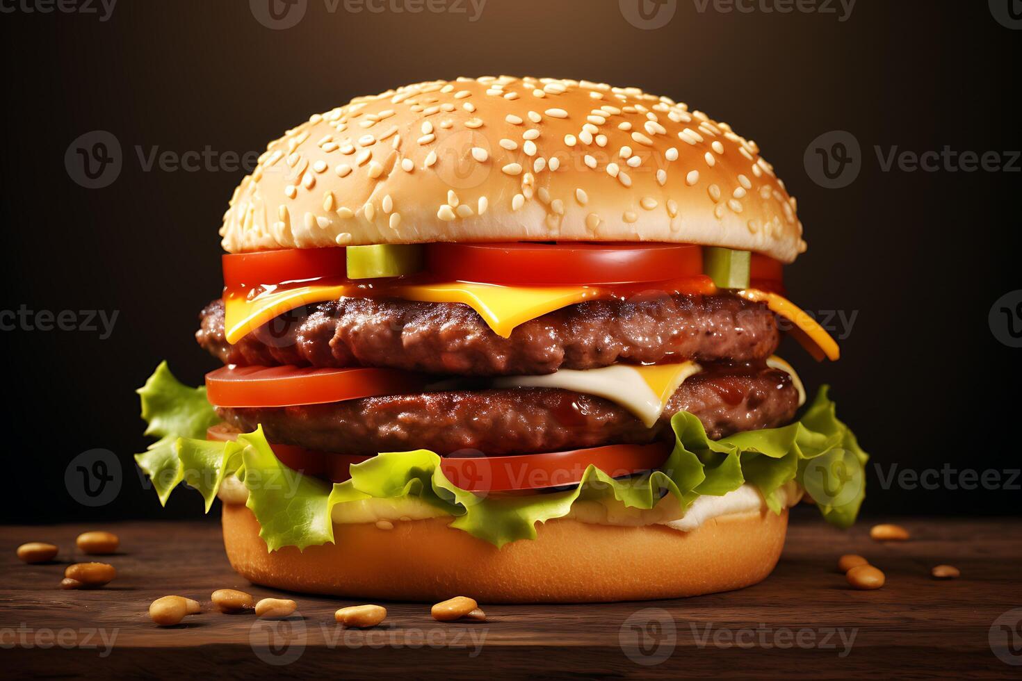 Homemade hamburger or burger with chicken on wooden plate photo